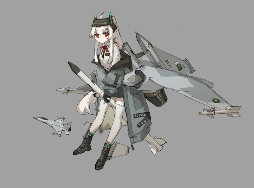 black_shoes blunt_bangs frider grey_jacket headgear highres jacket jf-17_thunder mecha_musume original pakistani_flag personification puffy_sleeves red_eyes riding_rocket shoes tachi-e thighhighs vehicle_and_personification war_thunder white_hair white_thighhighs