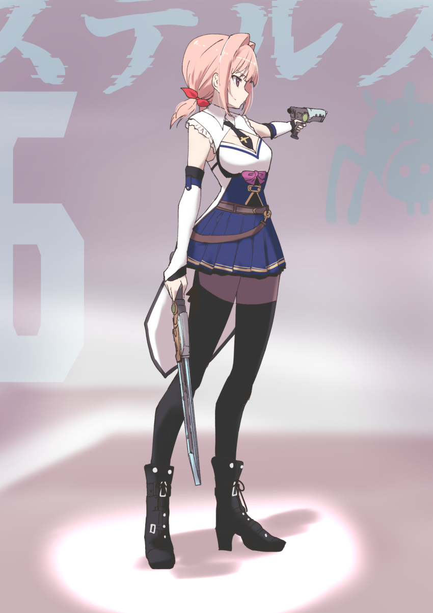 1girl arm_at_side assault_lily belt black_boots black_necktie black_thighhighs blue_skirt boots bow breasts brown_belt brown_pantyhose closed_mouth collared_shirt commentary_request detached_sleeves dual_wielding from_side gradient_background grey_background gun hair_bow hair_intakes hand_up handgun high_heel_boots high_heels highres holding holding_gun holding_sword holding_weapon layered_sleeves long_sleeves looking_ahead low_twintails medium_breasts medium_hair miniskirt necktie odaiba_girls_high_school_uniform otake_sunao outstretched_arm pantyhose pink_hair pleated_skirt profile purple_bow red_bow school_uniform shadow shirt short_necktie short_twintails skirt sleeveless sleeveless_shirt sleeves_past_wrists solo spotlight standing sword symbol-shaped_pupils thighhighs thighhighs_over_pantyhose translated twintails two-tone_shirt urutsu_sahari weapon