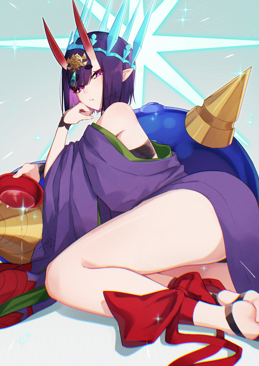 1girl absurdres alcohol ankle_ribbon ass bare_shoulders breasts crown cup eyeliner fate/grand_order fate_(series) headpiece highres horns izanaware_game japanese_clothes kimono leg_ribbon long_sleeves looking_at_viewer lying makeup off_shoulder oni pointy_ears purple_eyes purple_hair purple_kimono ribbon sakazuki sake short_hair shuten_douji_(fate) skin-covered_horns small_breasts solo wide_sleeves
