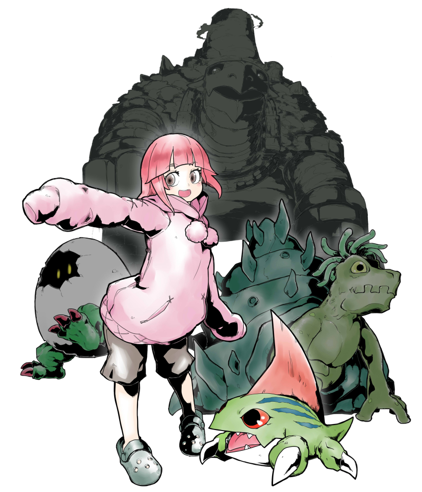 1girl absurdres digimon digitamamon egg eldoradimon evolutionary_line highres modokibetamon morishellmon original red_eyes shell spikes turtle