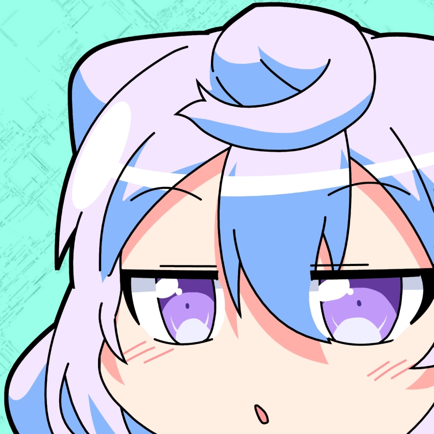 1boy aqua_background blue_hair close-up commentary_request eyes_visible_through_hair hacka_doll hacka_doll_3 highres jitome male_focus mikazuki_neko purple_eyes solo