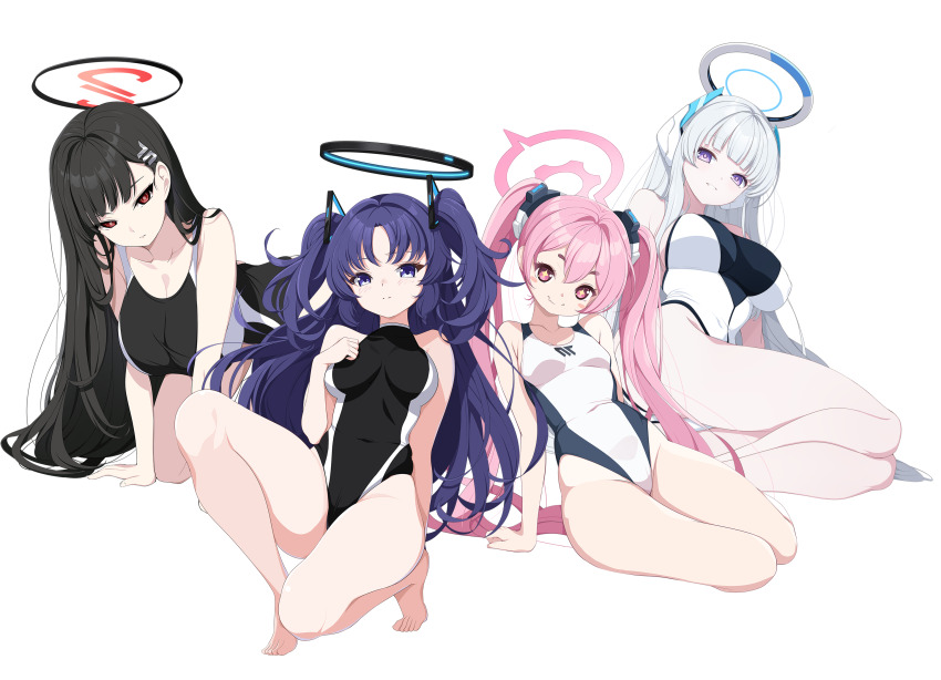 +_+ 4girls absurdres all_fours alternate_costume arm_support ass bare_arms bare_legs bare_shoulders barefoot bikini black_bikini black_choker black_hair black_one-piece_swimsuit blue_archive blush breasts choker cleavage collarbone commentary commentary_request competition_swimsuit dutch_angle feet full_body grey_hair grin hair_ornament hairclip halo hand_up headphones highleg highleg_bikini highleg_one-piece_swimsuit highres koflif koyuki_(blue_archive) large_breasts long_hair looking_at_viewer mechanical_halo medium_breasts millennium_science_school_logo multiple_girls navel noa_(blue_archive) one-piece_swimsuit parted_bangs parted_lips pink_eyes pink_hair pink_halo purple_eyes purple_hair red_eyes ringed_eyes rio_(blue_archive) school_swimsuit simple_background sitting skindentation smile swimsuit toes twintails two-tone_one-piece_swimsuit two_side_up very_long_hair wavy_mouth white_background white_one-piece_swimsuit yokozuwari yuuka_(blue_archive)