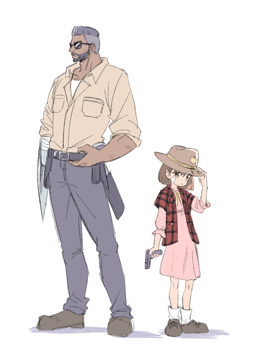 1boy 1girl bandaid bandaid_on_cheek bandaid_on_face barret_wallace beard belt bervens12 black_belt black_hair blue_pants brown_eyes brown_hair brown_shirt brown_shoes collared_shirt cowboy_hat dark-skinned_male dark_skin dress facial_hair father_and_daughter final_fantasy final_fantasy_vii flannel full_body gun hair_between_eyes hat highres holding holding_gun holding_weapon marlene_wallace pants pink_dress plaid_clothes plaid_shirt prosthetic_weapon red_shirt shirt shirt_over_dress shoes short_hair sleeves_rolled_up socks sunglasses the_walking_dead very_short_hair weapon white_socks
