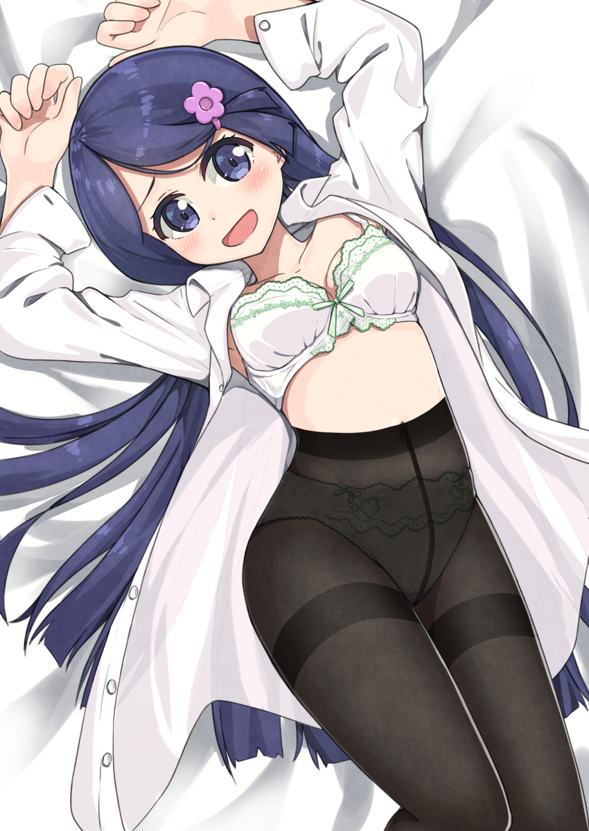 1girl absurdres arms_up black_pantyhose blue_eyes blue_hair blush bow bow_bra bow_panties bra breasts crotch_seam fennel_(pokemon) green_bow highres lying medium_breasts navel negimiso1989 nintendo on_back open_clothes open_mouth open_shirt panties panties_under_pantyhose pantyhose pokemon pokemon_bw shirt smile solo stomach underwear white_bra white_panties white_shirt