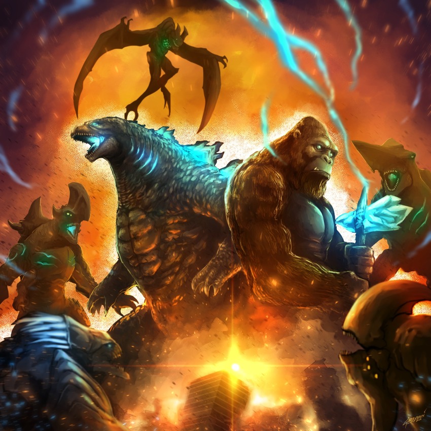 abs alien ape axe battle_axe bioluminescence blue_electricity blue_eyes bone bone_axe bone_weapon building burning burning_axe city crossover destruction electricity embers energy epic extradimensional_being fangs flaming_weapon flying garayann gills glowing glowing_axe glowing_eyes glowing_gills glowing_mouth glowing_spikes glowing_weapon godzilla godzilla_(series) godzilla_vs._kong gorilla green_eyes highres horns hot kaiju king_kong king_kong&#039;s_battle_axe king_kong_(series) knifehead leather leather_strap leatherback legendary_pictures monsterverse multiple_crossover muscular mutavore neon_trim no_humans no_pupils otachi pacific_rim pectorals pincers roaring sharp_teeth skyscraper spikes tail teeth toho tongue trespasser weapon wings yellow_eyes