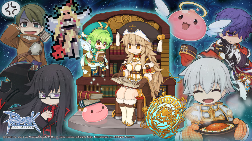 3boys 4girls @_@ angel_wings angeling anger_vein arch_mage_(ragnarok_online) armor bell black-framed_eyewear black_gloves black_hair black_jacket blue_boots blue_eyes book boots bow bowtie breastplate breasts brown_capelet brown_dress brown_eyes brown_gloves brown_hair capelet closed_mouth coat coat_on_shoulders copyright_notice dress eye_brooch fairy food fur-trimmed_boots fur-trimmed_capelet fur_trim glasses gloves gold_trim halo hat hat_bell heart_hunter_evil highres holding holding_book holding_quill inquisitor_(ragnarok_online) jacket jingle_bell lehar_zeta library logo long_hair long_sleeves looking_afar looking_at_another looking_at_viewer lord_knight_(ragnarok_online) medium_breasts multiple_boys multiple_girls necktie noah_hat_(ragnarok_online) official_art official_wallpaper omelet omurice open_mouth oven_mitts pauldrons pixel_art_inset pointy_ears poring purple_eyes purple_hair quill ragnarok_online red_coat red_necktie seyren_windsor shaded_face shirt short_hair shoulder_armor sitting skirt slime_(creature) smile table_of_contents_fairy_ink traditional_halo v-shaped_eyebrows valkyrie_(ragnarok_online) very_long_hair wavy_hair white_boots white_dress white_hair white_shirt wings yellow_halo yuichirou