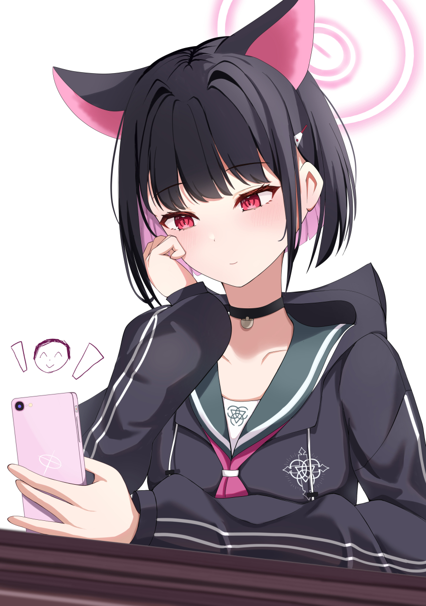 1girl absurdres animal_ears doodle_sensei_(blue_archive) black_choker black_hair black_hoodie blue_archive blush cat_ears cellphone choker closed_mouth colored_inner_hair commentary_request green_sailor_collar hair_ornament hairclip halo hand_on_own_cheek hand_on_own_face hand_up highres holding holding_phone hood hoodie kazusa_(blue_archive) long_sleeves looking_at_phone multicolored_hair neckerchief phone pink_hair pink_halo pink_neckerchief red_eyes sailor_collar school_uniform sensei_(blue_archive) short_hair simple_background smartphone solo uaru upper_body white_background