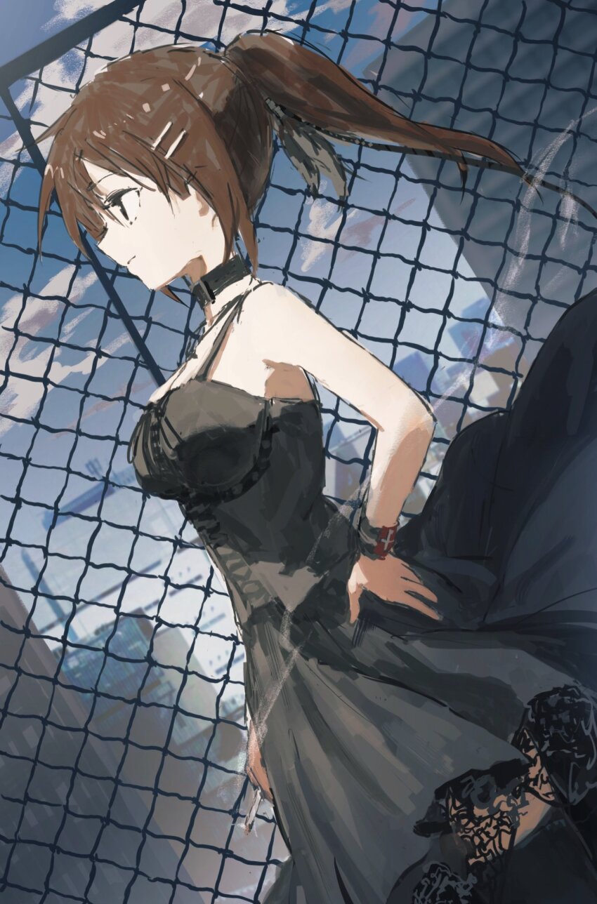 1girl black_corset breasts chain-link_fence cigarette city corset dress fence hair_ornament hand_on_own_hip highres large_breasts looking_to_the_side minakami_yuki ponytail solo subarashiki_hibi taki_(a313131333) thighhighs