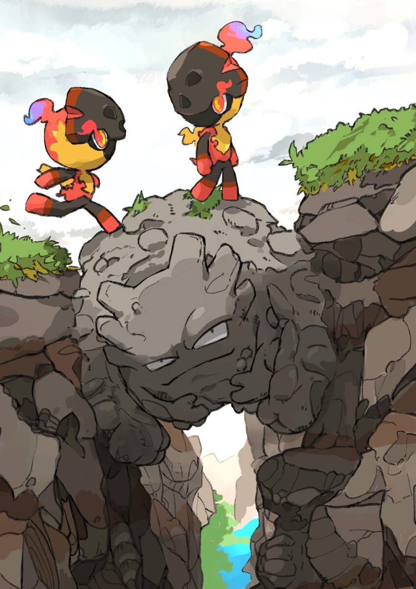 2others aomon_(yuuji7604) charcadet closed_mouth commentary_request flaming_eyes gen_1_pokemon graveler highres looking_at_another multiple_others nintendo outdoors pokemon pokemon_(creature) rock running smile standing