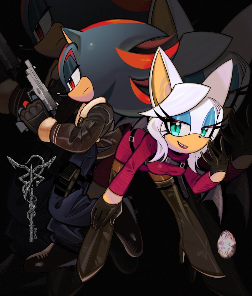 1boy 1girl ada_wong ada_wong_(cosplay) bent_over black_fur blue_eyes breasts cosplay dress eyelashes finger_on_trigger frown furry furry_female furry_male gun highres holding holding_gun holding_weapon holster jacket key leon_s._kennedy leon_s._kennedy_(cosplay) n_jiujiu99 red_dress red_eyes red_sweater resident_evil resident_evil_4 rouge_the_bat shadow_the_hedgehog shoulder_holster sonic_(series) sweater thigh_holster turtleneck turtleneck_dress weapon white_fur