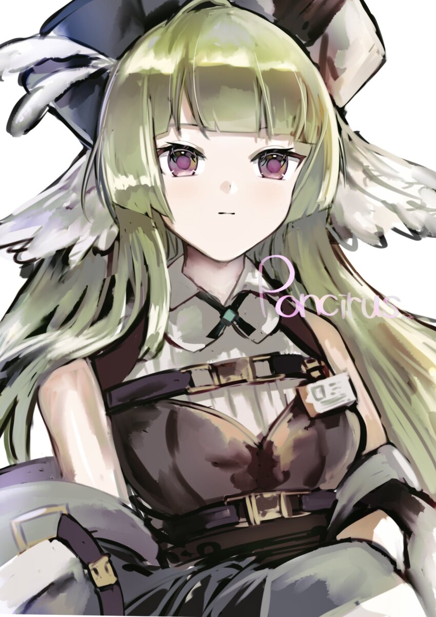 1girl :| arknights arms_at_sides bird_girl black_hat black_jacket blunt_bangs blush breasts character_name closed_mouth collared_shirt expressionless green_hair hat head_wings highres id_card jacket long_bangs looking_ahead medium_breasts off_shoulder poncirus_(arknights) purple_eyes shirt simple_background sleeveless sleeveless_jacket sleeveless_shirt solo tukaima upper_body white_background white_shirt wings