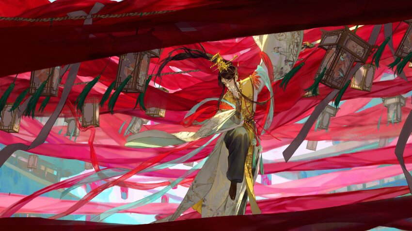 1boy absurdres animal_print architecture bird_print black_pants brown_footwear brown_hair building chinese_clothes chinese_commentary closed_eyes commentary_request dragon_print earrings east_asian_architecture flower full_body hanfu hanging_lantern high_ponytail highres holding holding_flower holding_sword holding_weapon jewelry leg_up long_hair long_sleeves male_focus necklace pants ponytail ribbon rope sash solo sword tassel tianguan_cifu weapon white_flower white_ribbon wide_sleeves xiao_guan_(headdress) xie_lian xie_lian_(flower_crowned_martial_god) yaclittn yellow_hanfu