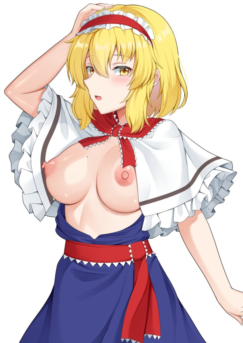1girl akasaka_sato alice_margatroid blonde_hair blue_dress blush breasts breasts_out capelet dress frilled_hairband frilled_ribbon frilled_sash frills hairband hand_on_own_head highres large_breasts looking_at_viewer mole nipples open_mouth red_hairband red_ribbon red_sash ribbon sash short_hair simple_background solo touhou white_background white_capelet yellow_eyes