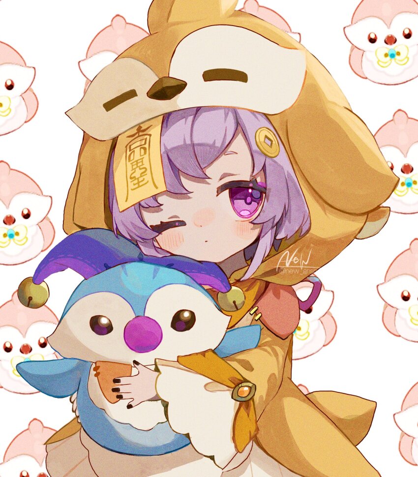 1girl animal_costume animal_hood artist_name bird_costume bird_hood black_nails blush closed_mouth coin_hair_ornament commentary_request expressionless fingernails genshin_impact hair_ornament highres holding holding_stuffed_toy hood hood_up hugging_object long_sleeves looking_at_viewer nail_polish new_(new_gnsn) ofuda ofuda_on_head one_eye_closed parted_bangs purple_eyes purple_hair qiqi_(genshin_impact) sidelocks signature simple_background solo stuffed_animal stuffed_bird stuffed_toy twitter_username white_background wide_sleeves
