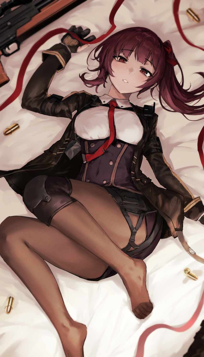 1girl absurdres ammunition black_gloves black_jacket black_pantyhose breasts bullpup collared_shirt commentary_request corset feet full_body gabang girls&#039;_frontline girls&#039;_frontline_2:_exilium gloves gun highres jacket knee_pads long_hair looking_at_viewer lying makiatto_(girls&#039;_frontline_2) necktie no_shoes on_back open_clothes open_jacket pantyhose parted_lips partially_fingerless_gloves purple_corset purple_hair red_eyes red_necktie rifle shirt side_ponytail single_knee_pad sniper_rifle solo wa2000_(girls&#039;_frontline) walther walther_wa_2000 weapon white_shirt