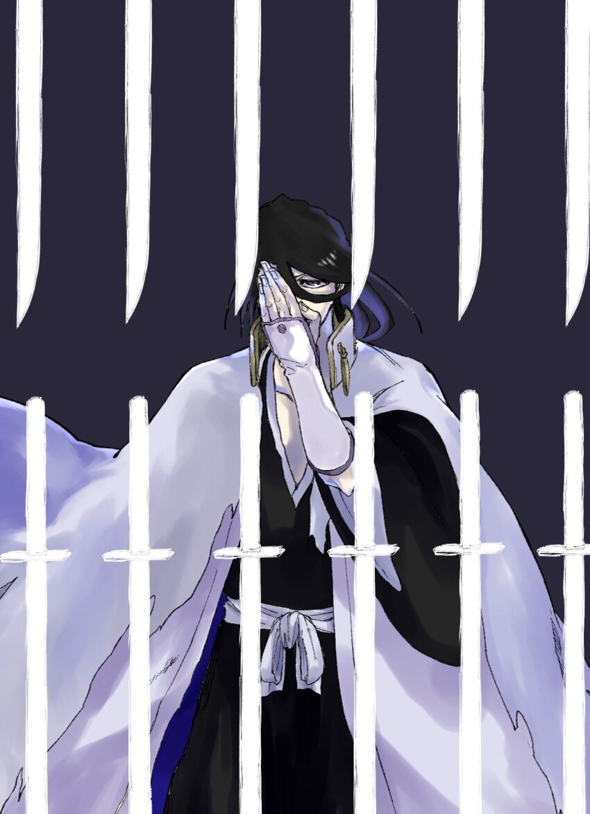 1boy bankai black_hair black_hakama black_kimono bleach bleach:_sennen_kessen-hen cloak floating floating_object floating_sword floating_weapon hair_between_eyes hakama hand_up haori highres japanese_clothes kimono kuchiki_byakuya looking_at_viewer mitu_hide43 obi purple_eyes sash senbonzakura_kageyoshi_(bankai) shihakusho solo sword taichou_haori tassel weapon white_haori white_sash