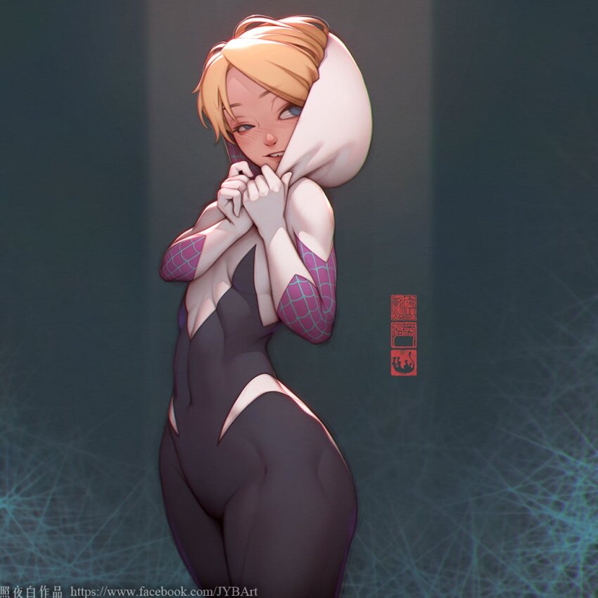 1girl adjusting_hood asymmetrical_hair black_bodysuit blonde_hair blue_eyes bodysuit breasts gwen_stacy hood hooded_bodysuit hoodie long_sleeves looking_at_viewer marvel medium_breasts short_hair sidecut skin_tight smile spider-gwen spider-man:_across_the_spider-verse spider-man:_into_the_spider-verse spider-man_(series) spider-verse spider_web_print superhero_costume tooth_gap two-tone_bodysuit undercut white_bodysuit zhaoyebai