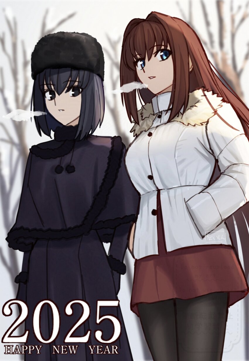 2girls aozaki_aoko black_eyes black_hair black_hat blue_eyes breasts breath brown_hair coat forest happy_new_year hat highres kuonji_alice large_breasts long_hair mahou_tsukai_no_yoru multiple_girls nature new_year shintyoi2 short_hair white_coat