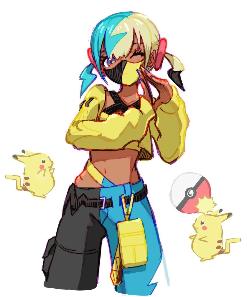 1girl belt black_belt blue_eyes canari_(pokemon) cropped_jacket eyelashes ffccll gen_1_pokemon hands_up highres jacket long_sleeves looking_at_viewer mask mouth_mask multicolored_hair nintendo one_eye_closed open_clothes open_jacket pants pikachu pokemon pokemon_(creature) pokemon_legends:_z-a short_twintails twintails white_background yellow_jacket