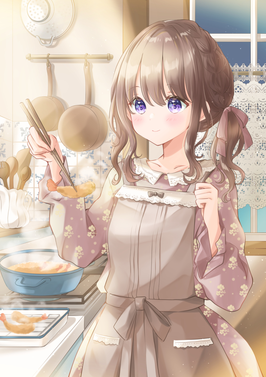 1girl apron blush braid brown_apron brown_hair chopsticks closed_mouth collarbone commentary_request commission cooking dress floral_print floral_print_dress food frying_pan hair_ribbon highres holding holding_chopsticks hoshiibara_mato kitchen looking_at_viewer original pink_dress pink_ribbon print_dress purple_eyes ribbon shrimp shrimp_tempura skeb_commission smile solo spoon steam strainer tempura twintails window wooden_spoon