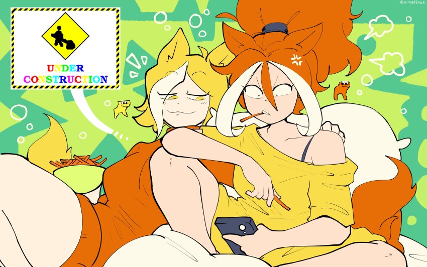 2girls absurdres angry bad_link bare_shoulders blonde_hair blush bowl breasts bubble carrot_sticks collarbone food_in_mouth green_background hair_between_eyes hand_on_another&#039;s_shoulder highres holding holding_phone horse_girl horse_race_tests horse_racing_track jovial_merryment knee_up lightning_strikes_thrice lilpoplil2468 looking_down looking_to_the_side medium_breasts multicolored_hair multiple_girls no_pants off_shoulder orange_eyes orange_hair orange_sweater orange_tail phone pillow shirt sitting sitting_in_bed small_pupils smile sweater teasing teeth thick_thighs thighs turtleneck turtleneck_sweater under_construction white_hair yellow_eyes yellow_shirt yellow_tail
