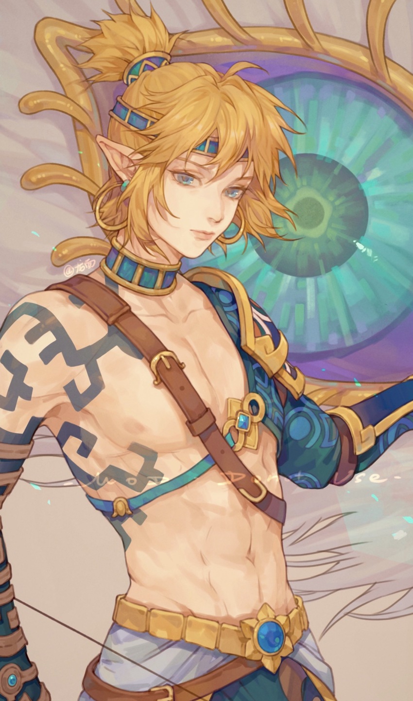 1boy abs absurdres blonde_hair blue_eyes collarbone commentary_request earrings headband highres igote jewelry link longmianbushilongxumian male_focus navel nintendo official_alternate_costume pectorals pointy_ears ponytail solo tattoo the_legend_of_zelda the_legend_of_zelda:_tears_of_the_kingdom toned toned_male weapon