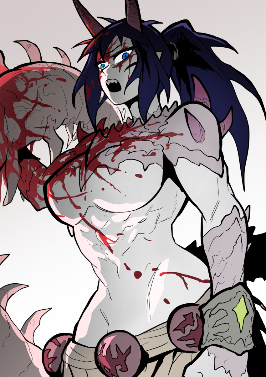 1girl abs abyss_blade blood blood_in_hair blood_on_chest blood_on_face blood_on_stomach blue_eyes blue_hair bracelet breasts bug carrying_over_shoulder centipede commentary dragon_girl dragon_horns dragon_tail english_commentary fangs gem green_gemstone highres horns jewelry large_breasts linea_alba long_bangs looking_at_viewer looking_down messy_hair muscular muscular_female narrowed_eyes official_art open_mouth ponytail scales sharp_teeth spikes spot_color tail talking taojinn015 teeth upper_teeth_only white_background