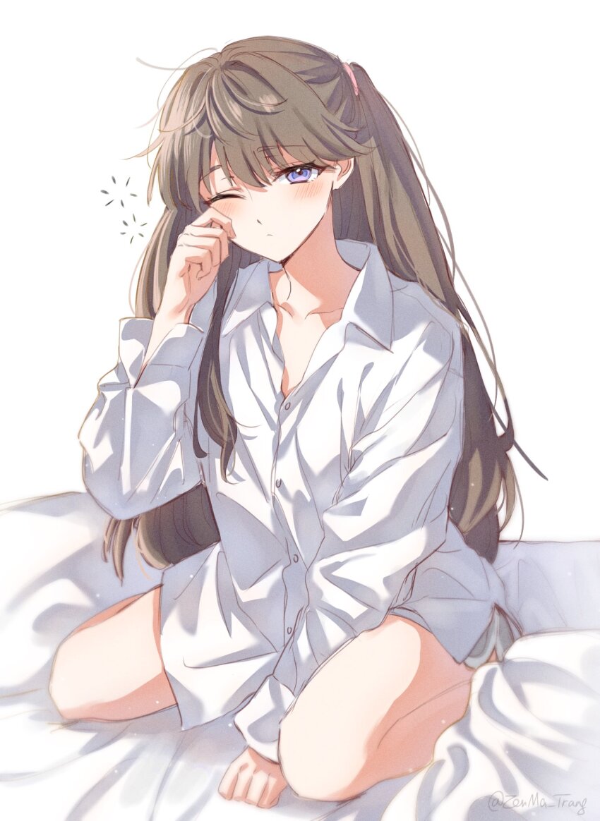 1girl ;/ alternate_costume blush brown_hair closed_mouth collarbone collared_shirt dolphin_shorts dress_shirt fujishima_megumi full_body grey_shorts hashtag-only_commentary highres light_particles link!_like!_love_live! long_hair long_sleeves love_live! love_live!_nijigasaki_high_school_idol_club on_bed oversized_clothes oversized_shirt purple_eyes shirt short_shorts shorts sitting solo squeans tokimeki_no_mirai_chizu twitter_username two_side_up virtual_youtuber waking_up wariza white_background white_shirt zenma_trang