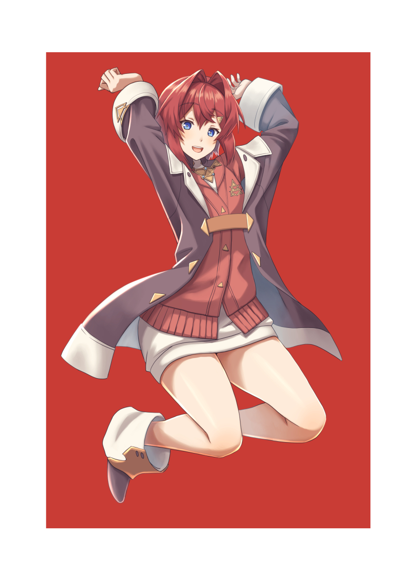 1girl :d absurdres ange_katrina ange_katrina_(1st_costume) ankle_boots arms_up bare_legs blue_eyes boots border brown_boots brown_coat cardigan coat commentary commentary_request dress english_commentary flat_chest full_body hair_intakes hair_ornament highres jumping long_sleeves looking_at_viewer medium_hair mixed-language_commentary nijisanji open_mouth raised_eyebrows red_background red_cardigan red_hair short_dress simple_background smile solo t_k teeth triangle_hair_ornament upper_teeth_only virtual_youtuber white_border white_dress