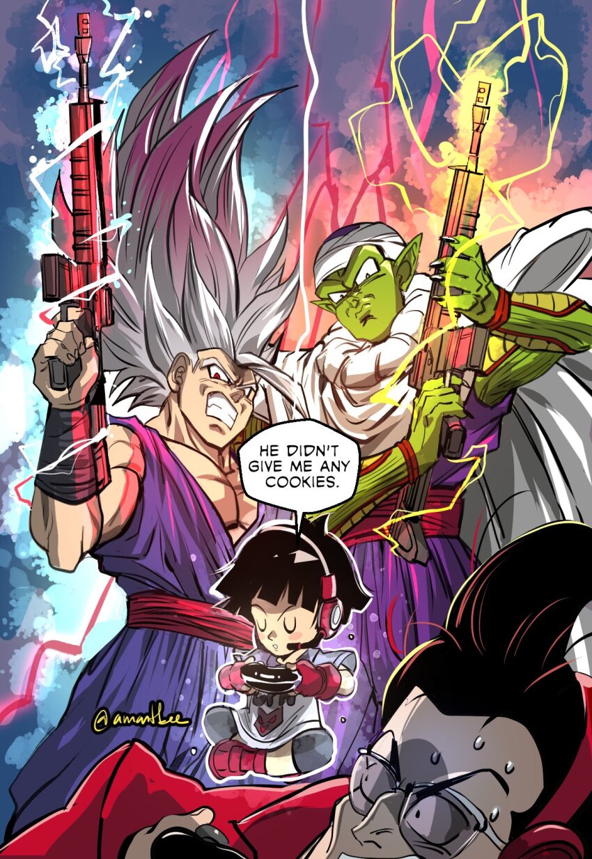1girl 3boys amartbee assault_rifle black_hair cape carmine_(dragon_ball) child clenched_teeth colored_skin commentary controller dougi dragon_ball dragon_ball_super dragon_ball_super_super_hero english_commentary english_text father_and_daughter finger_on_trigger fingerless_gloves fortnite frown game_controller gloves gohan_beast green_skin grey_hair gun hat headset highres holding holding_controller holding_game_controller holding_gun holding_weapon long_hair multiple_boys muscular muscular_male pan_(dragon_ball) piccolo pointy_ears red_eyes rifle short_hair shoulder_pads son_gohan sunglasses sweat teeth twitter_username weapon white_cape