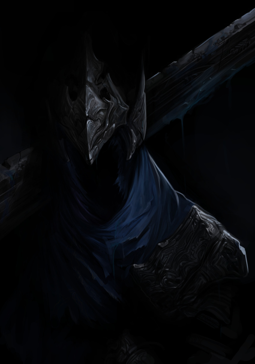 1boy armor artorias_the_abysswalker black_background blue_cape cape chipped_sword commentary dark_souls_(series) dark_souls_i darkness dokomon face_in_shadow greatsword helmet highres holding holding_sword holding_weapon knight male_focus over_shoulder pauldrons shoulder_armor simple_background solo sword sword_over_shoulder upper_body weapon weapon_over_shoulder