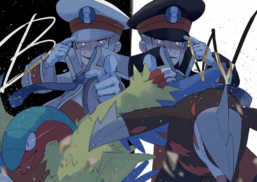 2boys amaoto4696kn anniversary archeops black_coat black_hat blue_necktie brothers coat collared_shirt dress_shirt emmet_(pokemon) excadrill gen_5_pokemon gloves grey_eyes grey_hair hat high_collar highres ingo_(pokemon) long_sideburns long_sleeves male_focus multiple_boys necktie nintendo open_mouth peaked_cap pokemon pokemon_(creature) pokemon_bw shirt short_hair siblings sideburns smile trench_coat white_coat white_gloves white_hat white_shirt