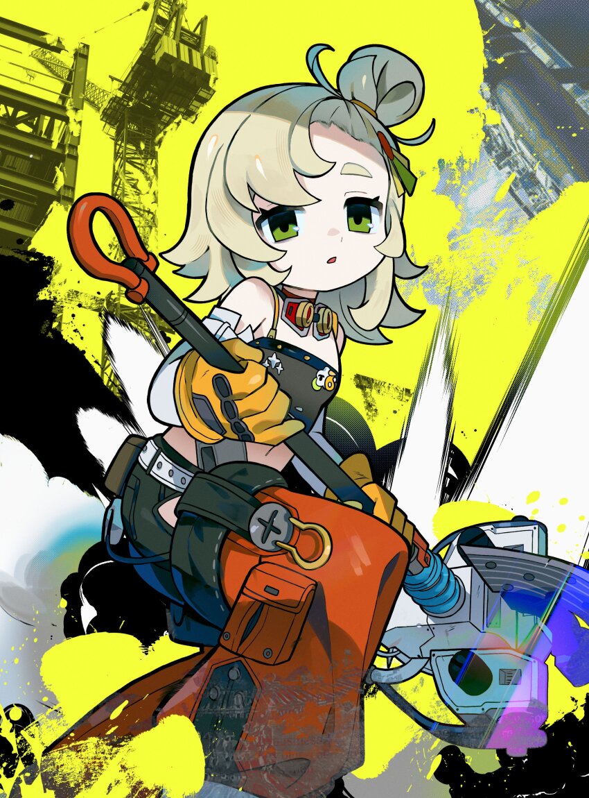 1girl absurdres belt blonde_hair commentary crop_top detached_pants detached_sleeves english_commentary gloves goggles goggles_around_neck green_eyes hair_bun hair_ornament hammer highres holding holding_hammer holding_weapon looking_at_viewer medium_hair morizo_(morizoshop) orange_gloves pants parted_lips piper_wheel red_pants solo weapon zenless_zone_zero