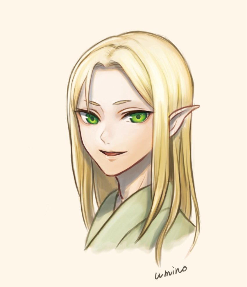 1boy artist_name bishounen blonde_hair elf erik_burton green_eyes highres long_hair male_focus pointy_ears pop-up_story smile solo umino_kiri white_background