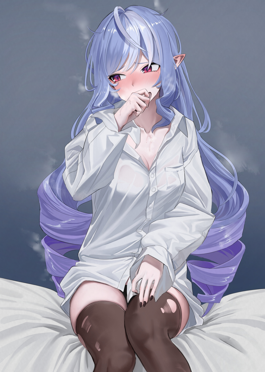 1girl absurdres averting_eyes black_nails black_panties black_thighhighs blush breasts cleavage collarbone collared_shirt commentary_request covering_own_mouth fingernails hand_up haoma highres indoors long_hair long_sleeves medium_breasts multicolored_hair nail_polish on_bed panties pointy_ears purple_hair red_eyes shirt sidelocks sitting solo steaming_body streaked_hair sweat thighhighs thighs torn_clothes torn_thighhighs underwear very_long_hair vivian_banshee white_shirt zenless_zone_zero