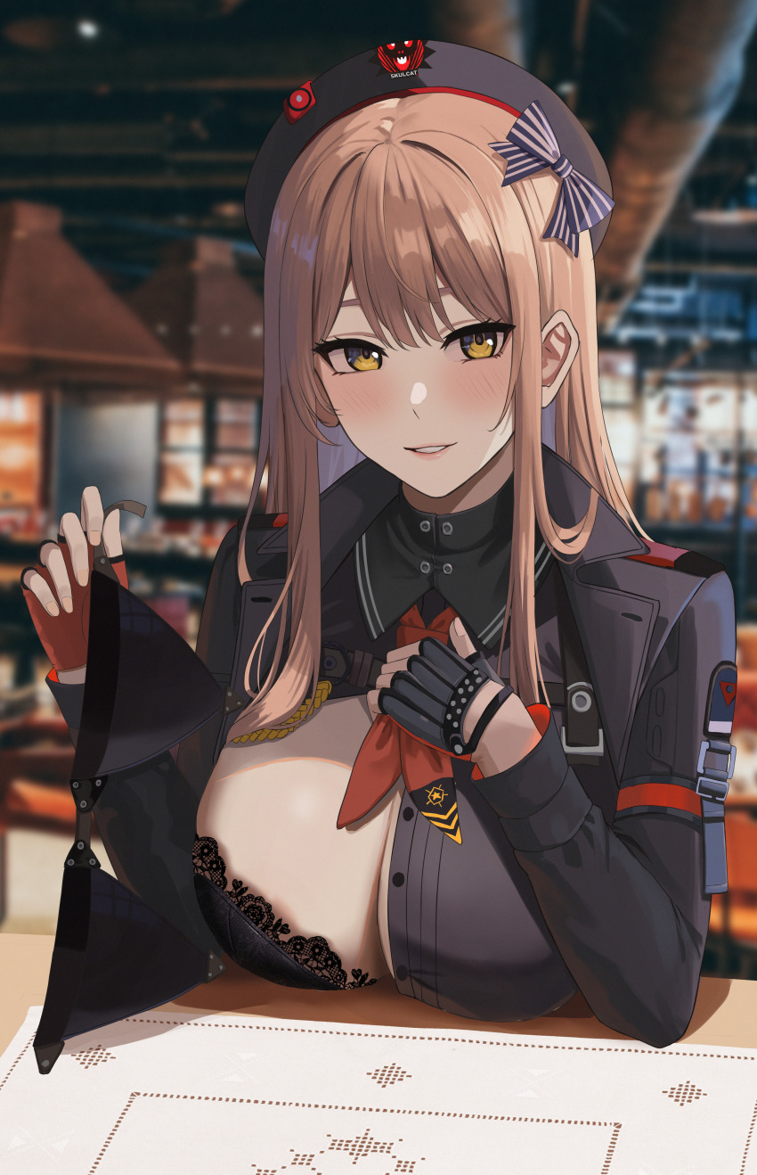 1girl absurdres armor beret black_bra black_hat black_shirt blush boobplate bra breastplate breasts brown_eyes brown_hair cleavage commentary_request emma_(nikke) flashing gaitoou goddess_of_victory:_nikke grin hat highres holding indoors large_breasts long_hair long_sleeves looking_at_viewer neckerchief oppai_challenge red_neckerchief restaurant shadow shirt sidelocks sitting smile solo table underwear upper_body