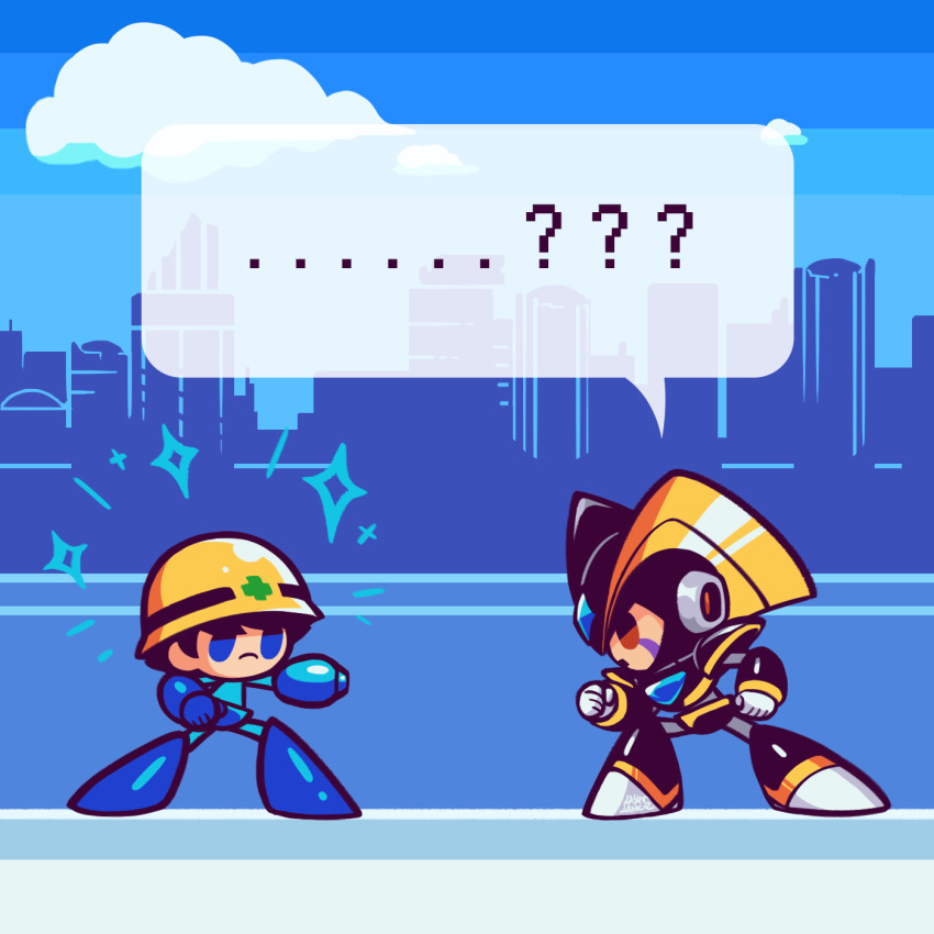 ... 2boys ? bass_(mega_man) black_hair blue_eyes closed_mouth facial_mark highres humanoid_robot laser-lance looking_at_another mega_man_(character) mega_man_(classic) mega_man_(series) mega_man_7 multiple_boys red_eyes robot short_hair speech_bubble spoken_ellipsis spoken_question_mark