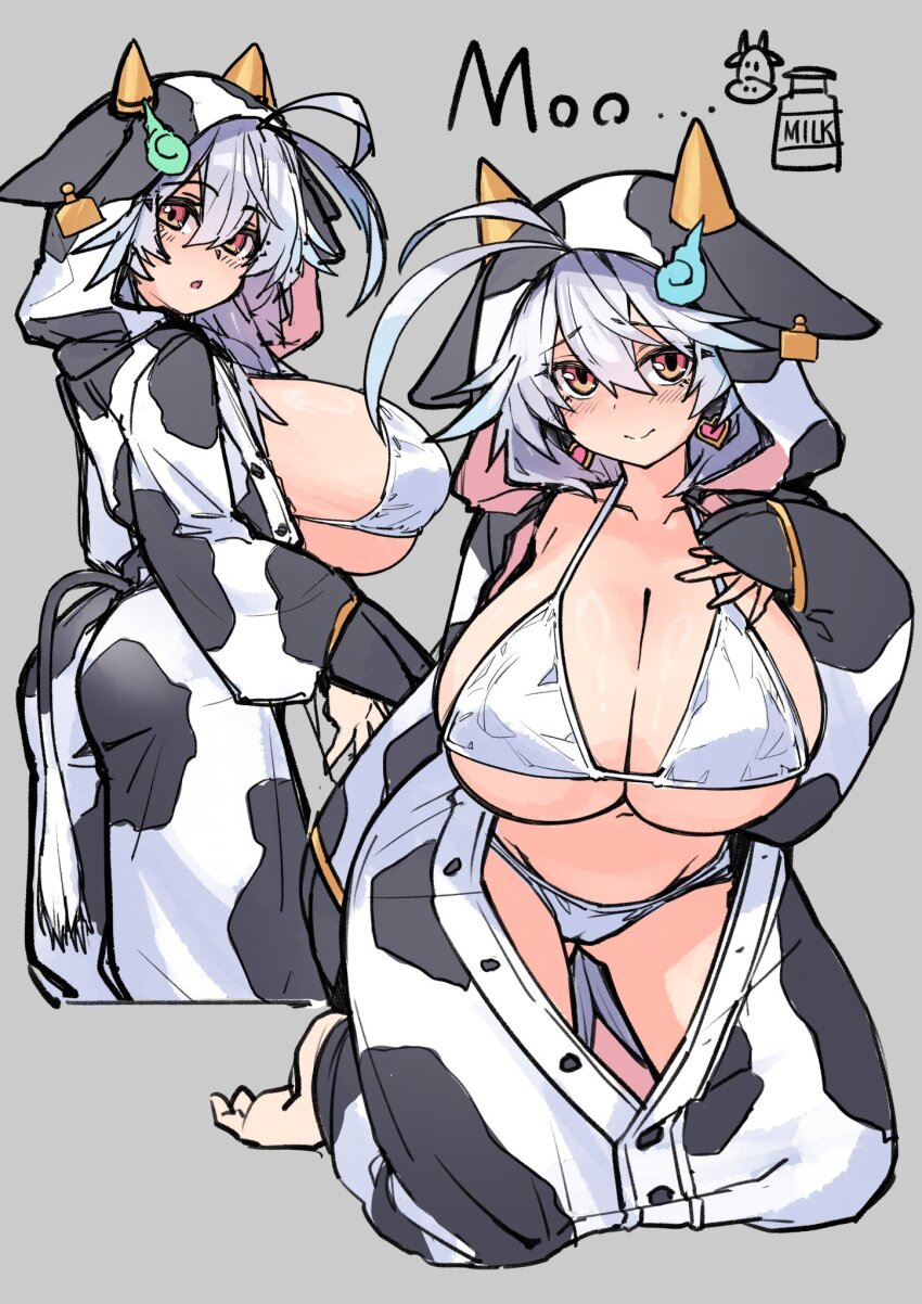 1girl ahoge barefoot bikini blush breasts brown_eyes cameltoe collarbone cosplay cow cow_hood earrings english_text fake_tail gene_(gear_gene) ghost_crystal_(houseki_hime) hair_ornament hand_on_own_chest heart heart_earrings highres houseki_hime huge_breasts jewelry kigurumi kneeling looking_at_viewer multiple_views open_mouth stomach swimsuit tail white_bikini white_hair