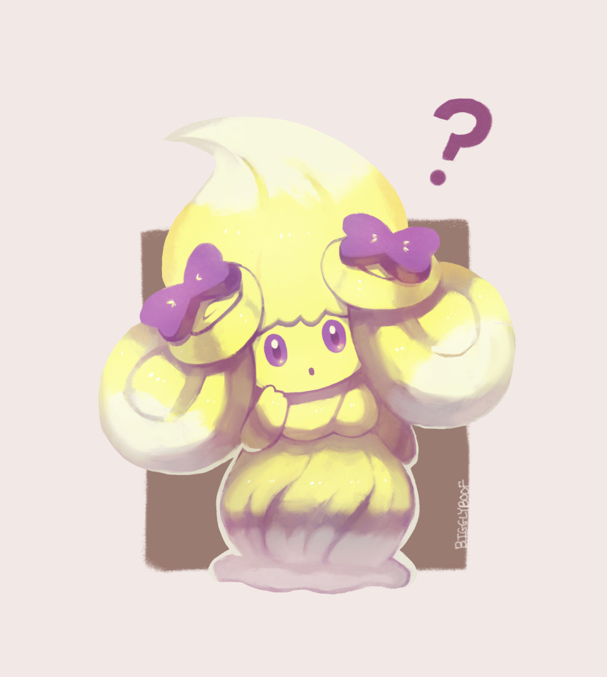 ? alcremie alcremie_(lemon_cream) alcremie_(ribbon_sweet) artist_name bigglyboof commentary creature english_commentary full_body gen_8_pokemon highres looking_at_viewer nintendo no_humans pokemon pokemon_(creature) purple_eyes signature simple_background solo standing