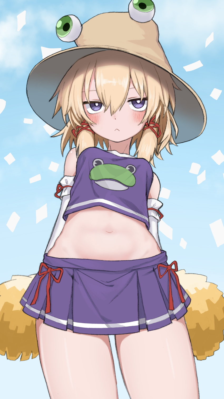 1girl absurdres adapted_costume animal_print blue_sky blush breasts cheering cheerleader cloud crop_top detached_sleeves frog_print green_eyes hair_between_eyes hair_ribbon hat highres holding holding_pom_poms midriff miniskirt moriya_suwako navel neritch outdoors pom_pom_(cheerleading) pom_poms purple_eyes purple_skirt red_ribbon ribbon short_hair skirt sky small_breasts solo standing thighs touhou