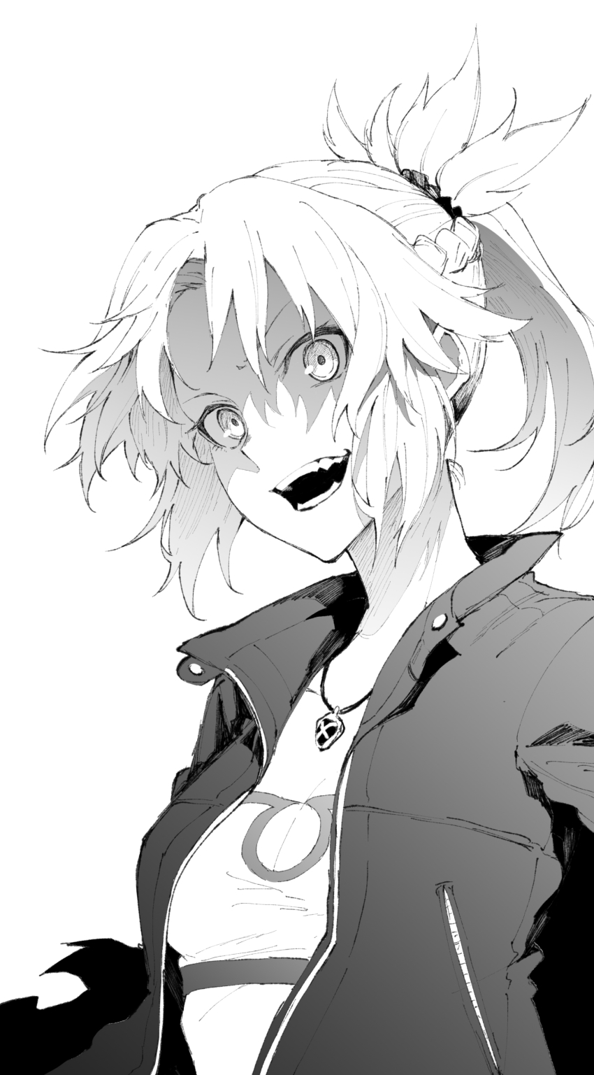 1girl absurdres fate/apocrypha fate_(series) female_focus greyscale highres jacket jewelry leather leather_jacket monochrome mordred_(fate) mordred_(fate/apocrypha) mordred_(memories_at_trifas)_(fate) open_mouth pendant ponytail shaded_face solo tsukamoto_minori white_background
