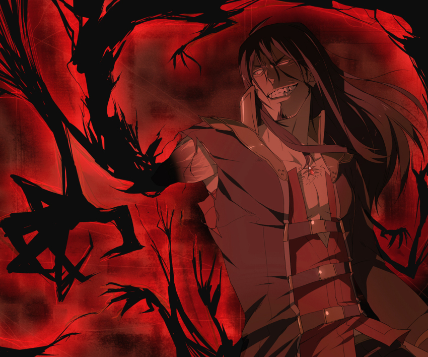 1boy black_hair brown_gloves brown_shirt brown_tunic corruption dark_persona evil_grin evil_smile facing_to_the_side gloves grin gurast jacket long_hair looking_to_the_side magic male_focus mature_male open_clothes open_jacket original popped_collar red-eye_effect red_background red_shirt shirt smile transformation tunic wind