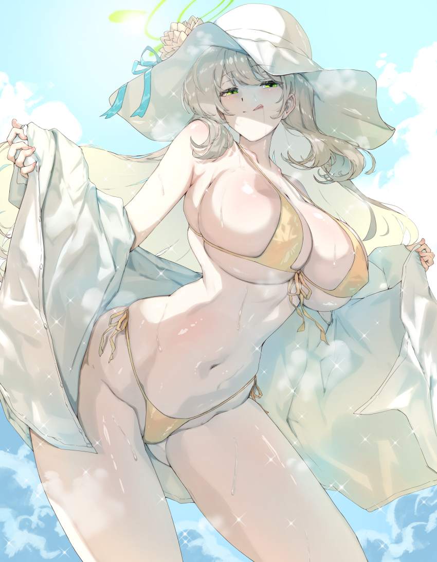 1girl :q absurdres bikini blue_archive blush breasts brown_hair collarbone commentary_request flower front-tie_bikini_top front-tie_top green_eyes green_halo halo hat hat_flower highres large_breasts long_hair looking_at_viewer micro_bikini navel nonomi_(blue_archive) nonomi_(swimsuit)_(blue_archive) official_alternate_costume side-tie_bikini_bottom smile solo stomach string_bikini sun_hat sunnysideup swimsuit tongue tongue_out white_hat yellow_bikini