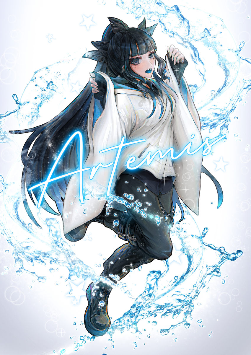 1girl absurdres artemis_of_the_blue atelier_live black_hair blue_tongue character_name colored_tongue commentary hair_ribbon highres hood hood_down long_hair mole mole_under_eye pinkuempire ponytail ribbon shark_fin shark_girl sharp_teeth solo teeth virtual_youtuber water wavy_sidelocks wide_sleeves