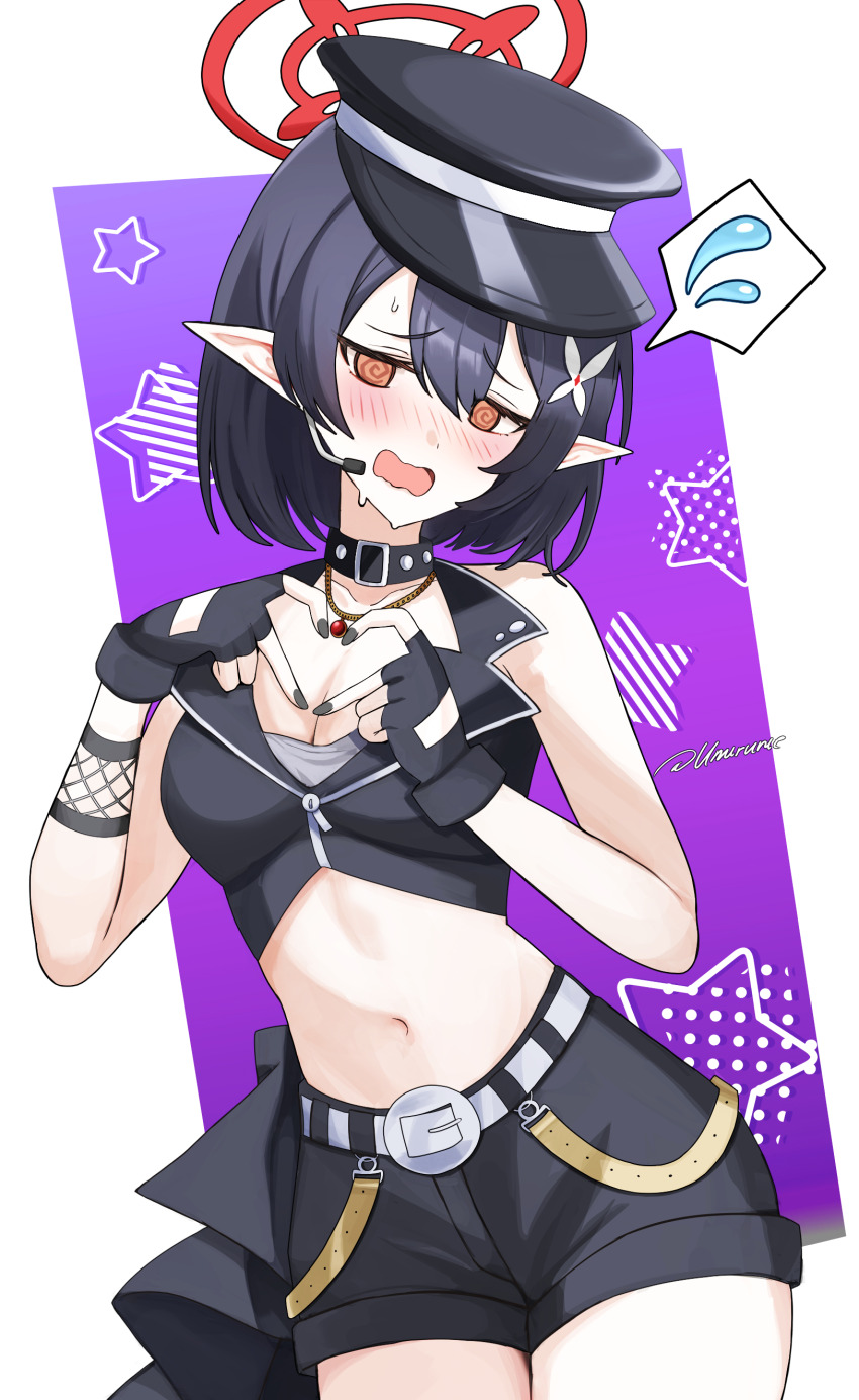 @_@ absurdres ayane_(blue_archive) ayane_(idol)_(blue_archive) belt belt_around_waist belt_collar black_shorts blue_archive blush choker collar commentary crop_top earpiece embarrassed english_commentary fingerless_gloves flying_sweatdrops four-finger_heart_hands gloves halo hat heart heart_hands highres idol idol_clothes mouthpiece navel no_eyewear official_alternate_costume peaked_cap pointy_ears red_halo short_hair shorts umirunie white_belt