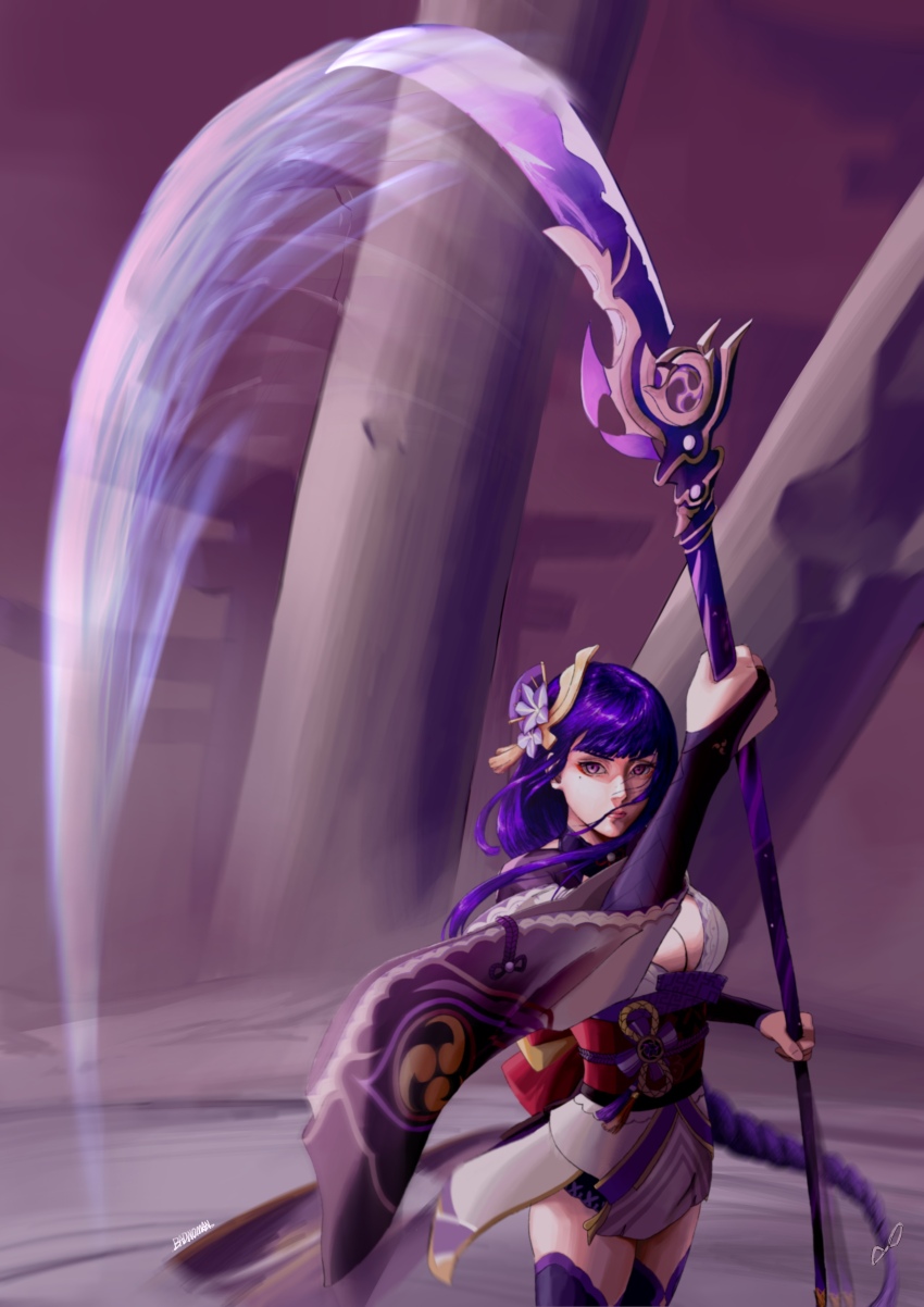 1girl absurdres asymmetrical_sleeves attack_trail blunt_bangs blurry blurry_background braid breasts bridal_gauntlets cleavage closed_mouth clothing_cutout commentary depth_of_field english_commentary engulfing_lightning_(genshin_impact) eyeliner fan_hair_ornament flower flower_ornament genshin_impact hair_ornament hair_ribbon highres holding holding_polearm holding_weapon japanese_clothes kimono large_breasts lingerie long_hair long_ribbon makeup mitsudomoe_(shape) mole mole_under_mouth off_shoulder pillar polearm purple_background purple_eyes purple_flower purple_hair purple_kimono purple_ribbon purple_thighhighs raiden_shogun ran19980912 red_eyeliner red_sash ribbon sash shade shoulder_cutout single_braid slashing solo standing swinging_weapon thighhighs thighs tomoe_(symbol) underwear uneven_sleeves upper_body weapon wide_sleeves