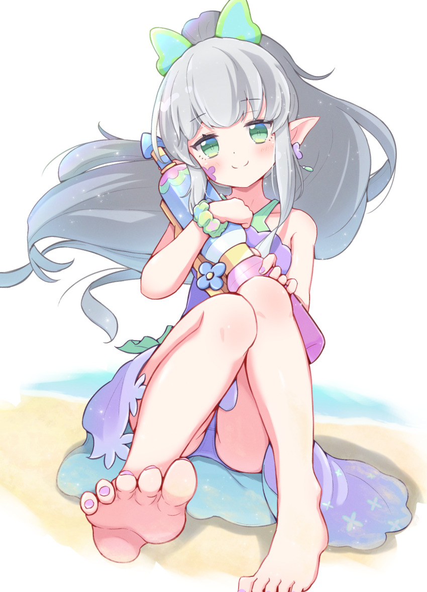 1girl closed_mouth dress earrings green_eyes grey_hair highres holding holding_water_gun jazz_grace jewelry long_hair looking_at_viewer nail_polish panties pointy_ears ponytail purple_dress purple_nails purple_panties puyopuyo puyopuyo_quest scrunchie shore sitting smile solo toenail_polish toenails underwear water_gun wrist_scrunchie yana_(puyopuyo)