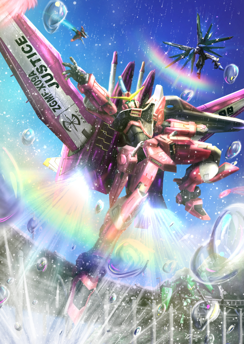 absurdres character_name clenched_hand flying freedom_gundam green_eyes gundam gundam_seed highres huge_filesize justice_gundam leg_up looking_up mecha mechanical_wings no_humans open_hand propro13 robot solo_focus v-fin wings
