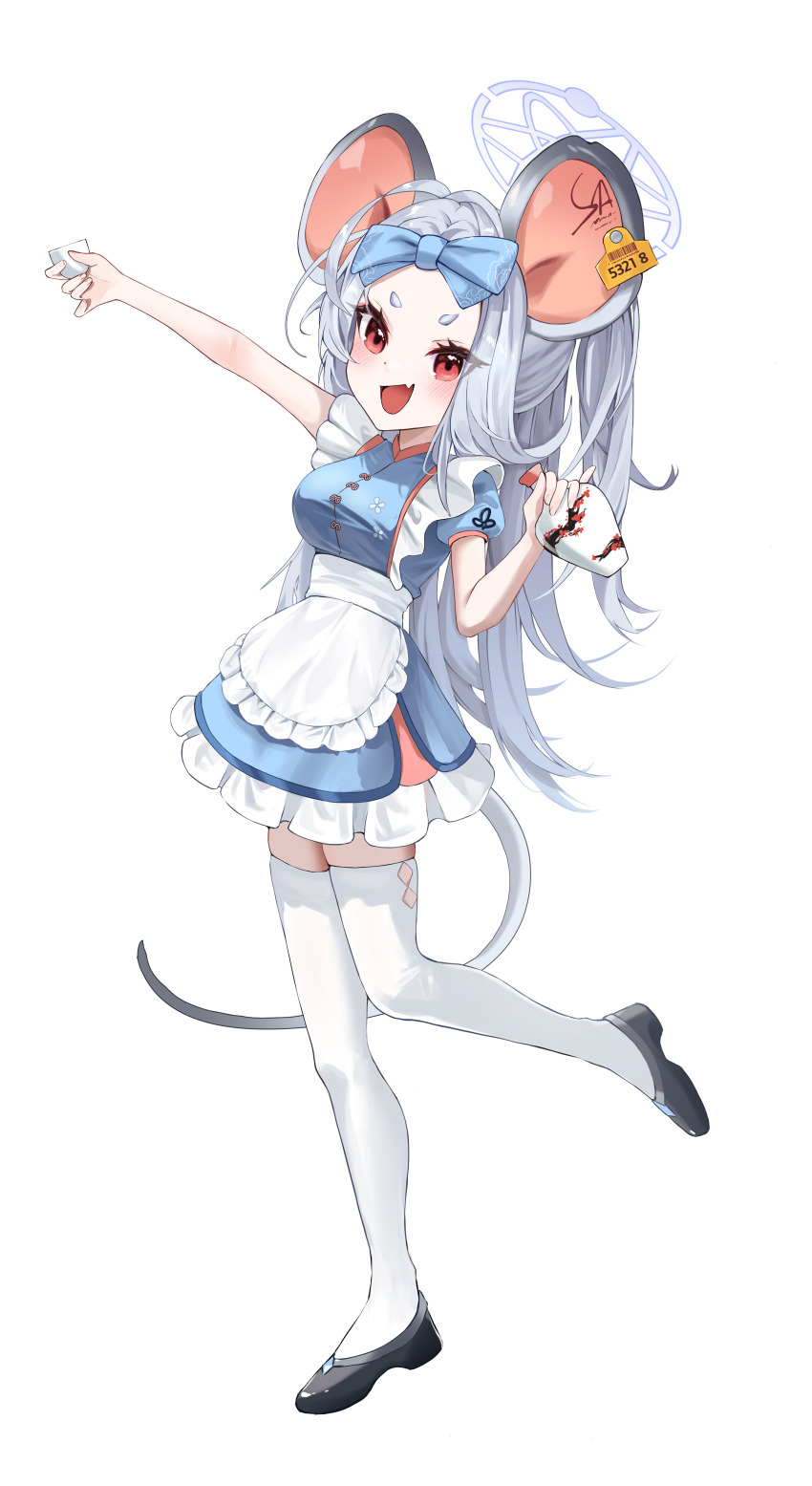 absurdres animal_ears apron arm_up bar_(place) blue_archive blue_dress bottle bow breasts daraamji2 dress ear_tag fang hair_bow halo highres leg_up legs long_hair maid mouse_ears mouse_girl mouse_tail open_mouth ponytail red_eyes ribbon saya_(blue_archive) shoes short_dress short_sleeves smile standing standing_on_one_leg tail thighhighs thighs waist_apron white_apron white_hair white_thighhighs