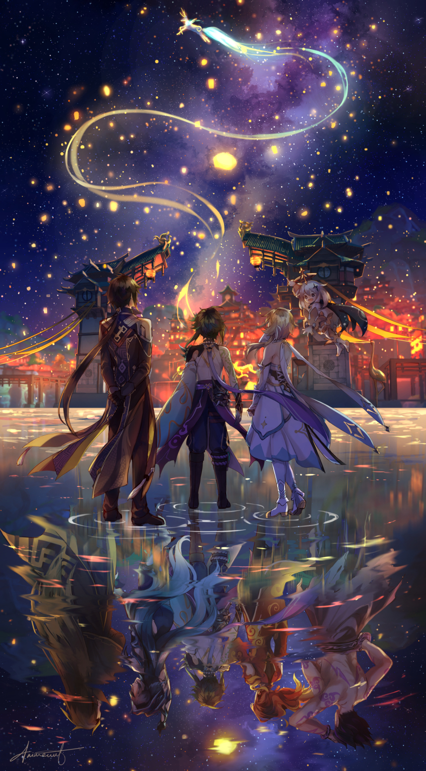 4girls 4nimenut 6+boys architecture arm_tattoo arm_up arms_behind_back artist_name asymmetrical_clothes bare_shoulders bead_necklace beads black_cape black_eyes black_footwear black_gloves black_pants blonde_hair blue_hair blue_pants bonanus_(genshin_impact) boots bosacius_(genshin_impact) bright_pupils brown_coat brown_hair cape city coat commentary_request detached_sleeves different_reflection dress east_asian_architecture extra_arms facing_away flying full_body genshin_impact gloves gradient_hair green_hair hair_ornament halo highres horned_mask in-universe_location indarias_(genshin_impact) jewelry knee_boots lantern lantern_festival long_hair looking_at_another looking_up low_ponytail lumine_(genshin_impact) mask unworn_mask medium_hair menogias_(genshin_impact) mountain multicolored_hair multiple_boys multiple_girls necklace night open_mouth outdoors paimon_(genshin_impact) pants paper_lantern pointing ponytail purple_hair red_hair reflection reflective_water scenery shirt shoes short_hair short_hair_with_long_locks shoulder_spikes signature single_detached_sleeve sky sky_lantern skybracer_(genshin_impact) sleeveless sleeveless_dress sleeveless_shirt smile spiked_hair spikes standing standing_on_liquid star_(sky) star_(symbol) star_hair_ornament starry_sky statue tattoo very_long_hair water white_cape white_dress white_footwear white_hair white_pupils white_shirt wide_sleeves xiao_(genshin_impact) zhongli_(genshin_impact)